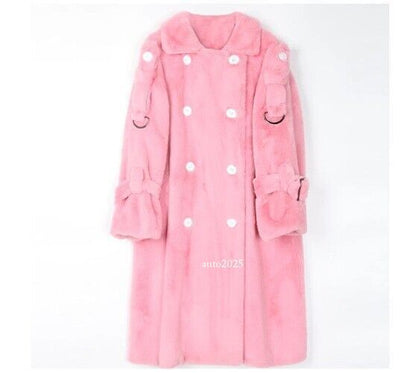 Long Warm Thick Soft Fluffy Faux Fur Trench Coat Double Breasted Pink White Belt 15