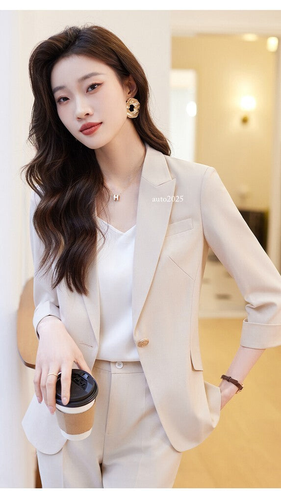 Womens Suits Jacket Pants 3/4 Sleeve Blazer One Button Business Thin Coat Ladies 17