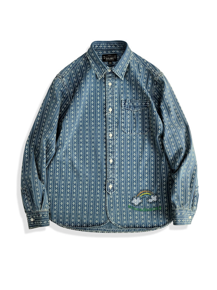 Jacquard Denim Shirt Men's Work Shirt Long Sleeve Shirt Vintage Casual Coat Top 4