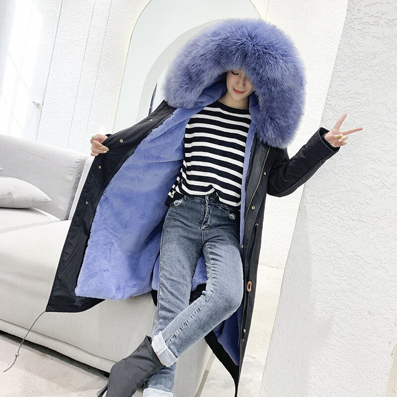 Women Winter Parka Rabbit Fur Lined Big Fox Fur Hooded Outwear Snow Jacket Warm 31