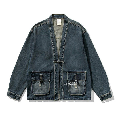 Mens Retro Denim Button Loose Coat Chinese Style Tang Zhuang Jean Jackets Casual 13