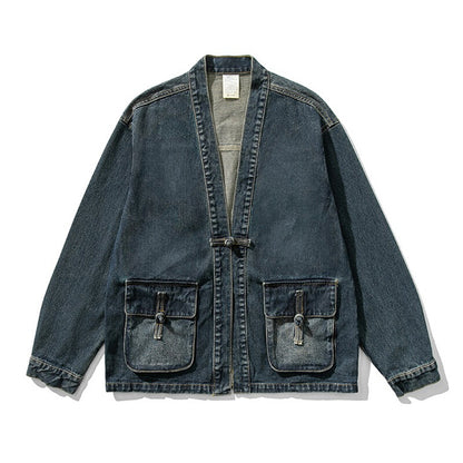 Mens Retro Denim Button Loose Coat Chinese Style Tang Zhuang Jean Jackets Casual 7