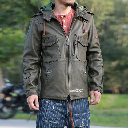 Hooded Hunting Suit Genuine Leather Suit Mens Military Green Goat Leather Jacket 24