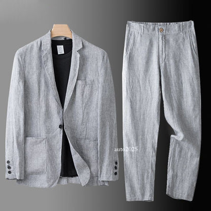 2 PC Men's Linen Suit Summer Causal Blazer + Pants Coat Beach Jacket One Button 18