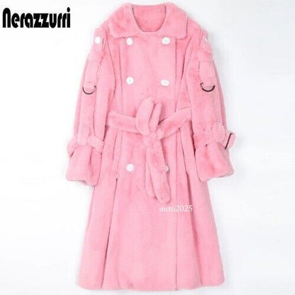 Long Warm Thick Soft Fluffy Faux Fur Trench Coat Double Breasted Pink White Belt 3