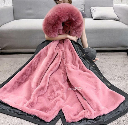 Women Winter Parka Rabbit Fur Lined Big Fox Fur Hooded Outwear Snow Jacket Warm 7
