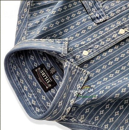 Jacquard Denim Shirt Men's Work Shirt Long Sleeve Shirt Vintage Casual Coat Top 23