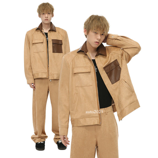 Retro American Style Mens Workwear Short Coat Pants Set Zipper Jackets Loose Fit 1