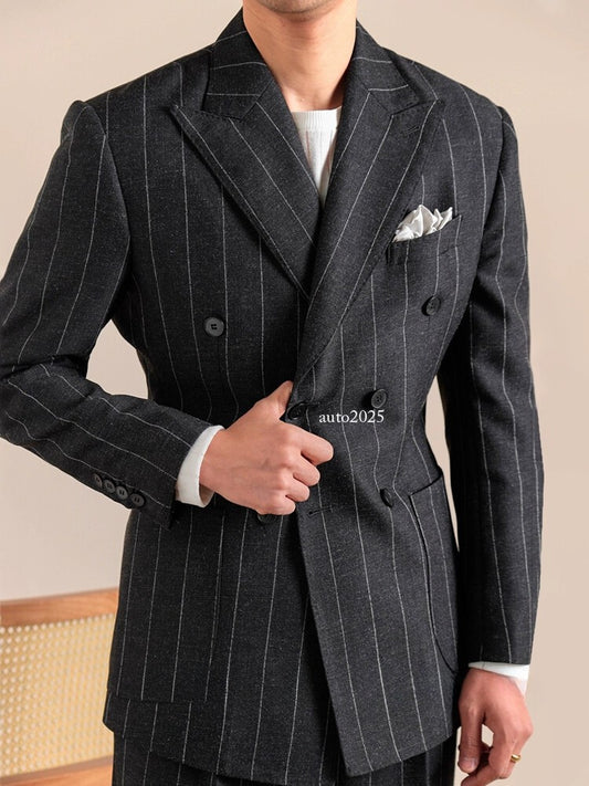 Italian Style Mens 2pcs Suit Blazer Pants Wedding Double Breasted Jacket Striped 1
