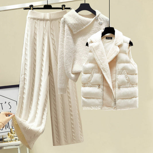 Plus Size Winter Warm 3 Pc Set Sweater + Wide Leg Pants +Lamb Vest Knitted Suit 1
