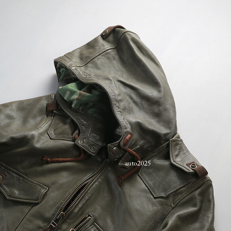 Hooded Hunting Suit Genuine Leather Suit Mens Military Green Goat Leather Jacket 4