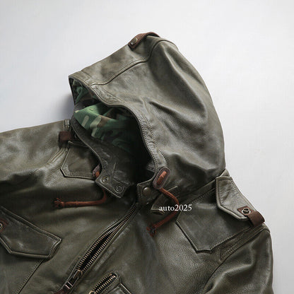 Hooded Hunting Suit Genuine Leather Suit Mens Military Green Goat Leather Jacket 4