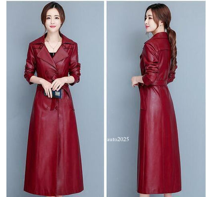 Womens Long Trench Windbreaker Leather Slim Fit Jacket Coat Belt Double Breasted 13