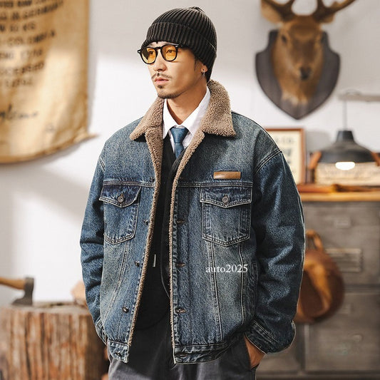 Retro Lamb Wool Fleece Denim Men's Winter Thick Cotton Jacket Men's Winter Man's 1