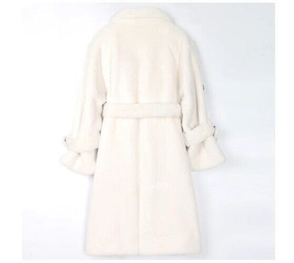 Long Warm Thick Soft Fluffy Faux Fur Trench Coat Double Breasted Pink White Belt 12