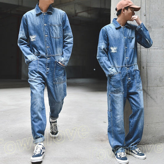 Men Denim Loose Casual Overall Jumpsuit Jeans Coat Suspender Romper Cowboy Pants 1