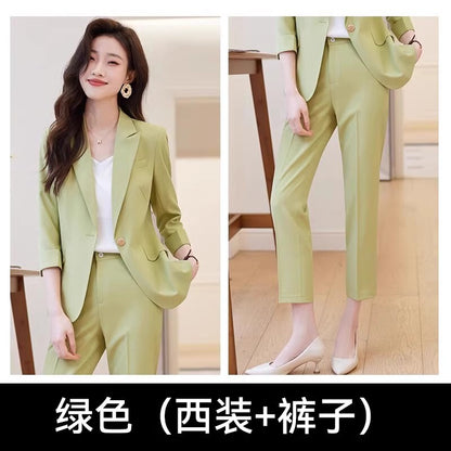 Womens Suits Jacket Pants 3/4 Sleeve Blazer One Button Business Thin Coat Ladies 36