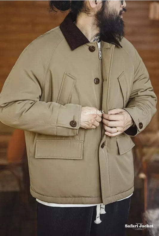 Men's Retro Safari Jacket Winter Warm Cotton Padded Coat Hunting Overcoat 1