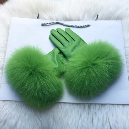 Real Sheepskin Fur Gloves Women's Leather Glove Warm Style Fluffy Fur Oversized 46
