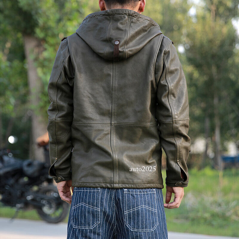 Hooded Hunting Suit Genuine Leather Suit Mens Military Green Goat Leather Jacket 9