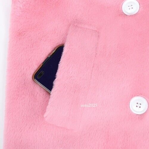 Long Warm Thick Soft Fluffy Faux Fur Trench Coat Double Breasted Pink White Belt 6