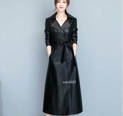 Womens Long Trench Windbreaker Leather Slim Fit Jacket Coat Belt Double Breasted 2
