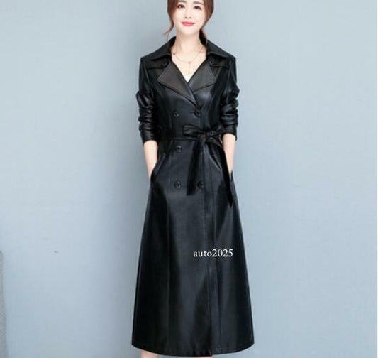 Womens Long Trench Windbreaker Leather Slim Fit Jacket Coat Belt Double Breasted 2