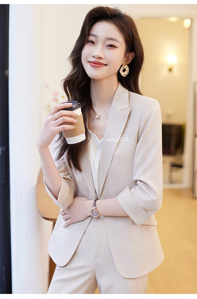 Womens Suits Jacket Pants 3/4 Sleeve Blazer One Button Business Thin Coat Ladies 18