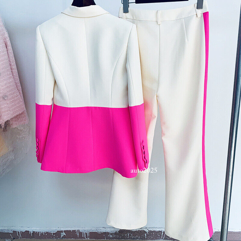 Designer Women Hot Pink Light Beige Blazer Flare Trousers Suit Occident Pants C 15