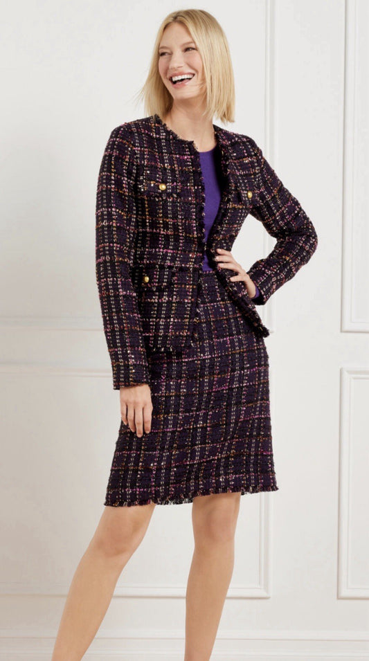 NWT TALBOTS Size 4 Midnight Sparkly Tweed Button Trim Blazer And Skirt Suit 1