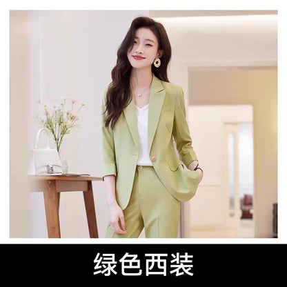 Womens Suits Jacket Pants 3/4 Sleeve Blazer One Button Business Thin Coat Ladies 38