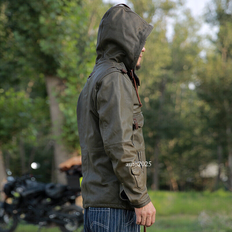 Hooded Hunting Suit Genuine Leather Suit Mens Military Green Goat Leather Jacket 8