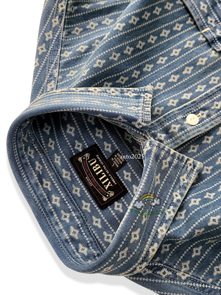 Jacquard Denim Shirt Men's Work Shirt Long Sleeve Shirt Vintage Casual Coat Top 24