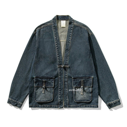 Mens Retro Denim Button Loose Coat Chinese Style Tang Zhuang Jean Jackets Casual 1