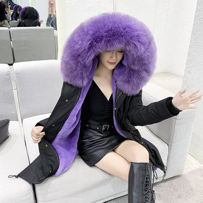 Women Winter Parka Rabbit Fur Lined Big Fox Fur Hooded Outwear Snow Jacket Warm 9
