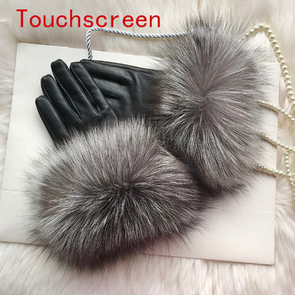 Real Sheepskin Fur Gloves Women's Leather Glove Warm Style Fluffy Fur Oversized 43