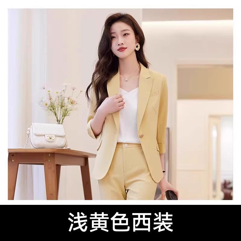 Womens Suits Jacket Pants 3/4 Sleeve Blazer One Button Business Thin Coat Ladies 35