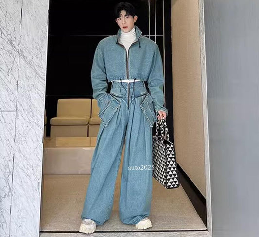 Men's Fashion Detachable Denim Jackets Loose Trousers 2PC Jeans Wide Leg Vintage 1
