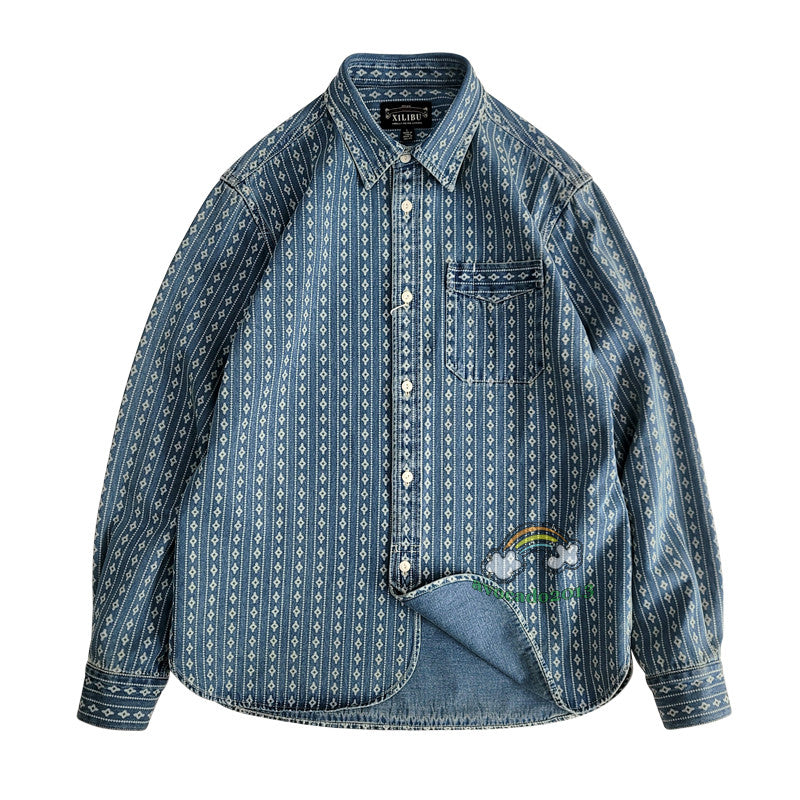 Jacquard Denim Shirt Men's Work Shirt Long Sleeve Shirt Vintage Casual Coat Top 17