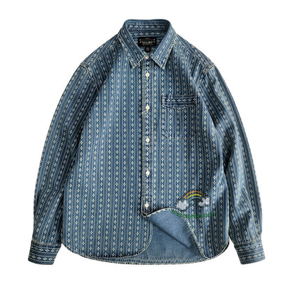 Jacquard Denim Shirt Men's Work Shirt Long Sleeve Shirt Vintage Casual Coat Top 17