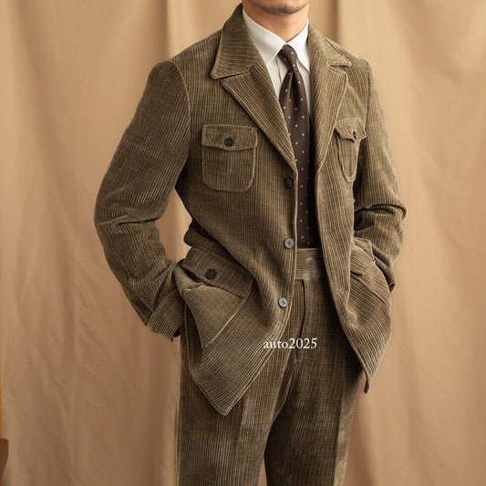 Italian Style Mens Single Breasted Button Lapel Collar Corduroy Coat Pants Retro 1