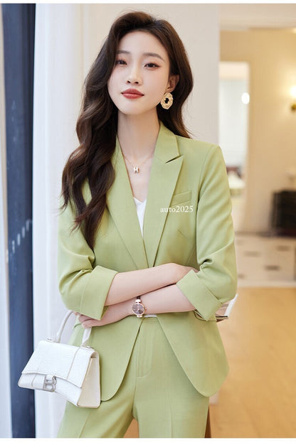 Womens Suits Jacket Pants 3/4 Sleeve Blazer One Button Business Thin Coat Ladies 14