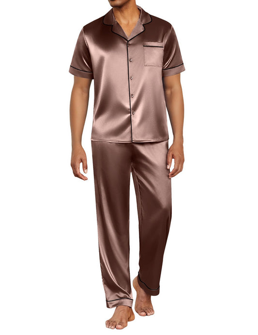 Mens Silk Satin Pajamas Set Short Sleeve Button Down Pjs with Long Pants 1