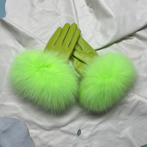 Real Sheepskin Fur Gloves Women's Leather Glove Warm Style Fluffy Fur Oversized 49