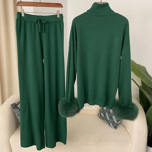 Ladies Cuffs Coat Autumn Winter Knitted Sweater Women Long Pants Set Jacket 1