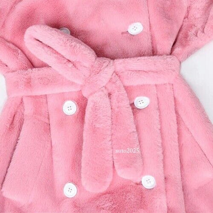 Long Warm Thick Soft Fluffy Faux Fur Trench Coat Double Breasted Pink White Belt 5