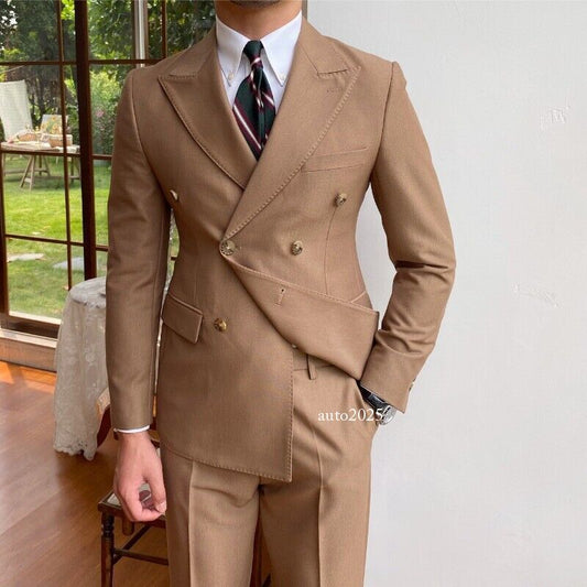 Autumn Retro Men's Slim Fit Double Breasted Blazer Coat Pants Business Suit 2pcs 1
