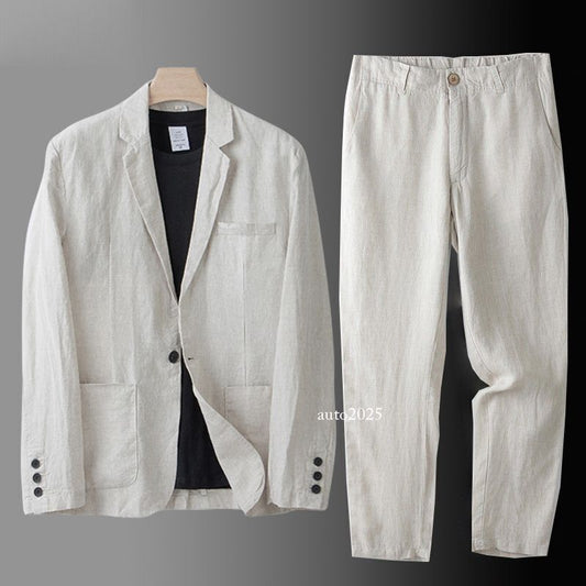2 PC Men's Linen Suit Summer Causal Blazer + Pants Coat Beach Jacket One Button 1