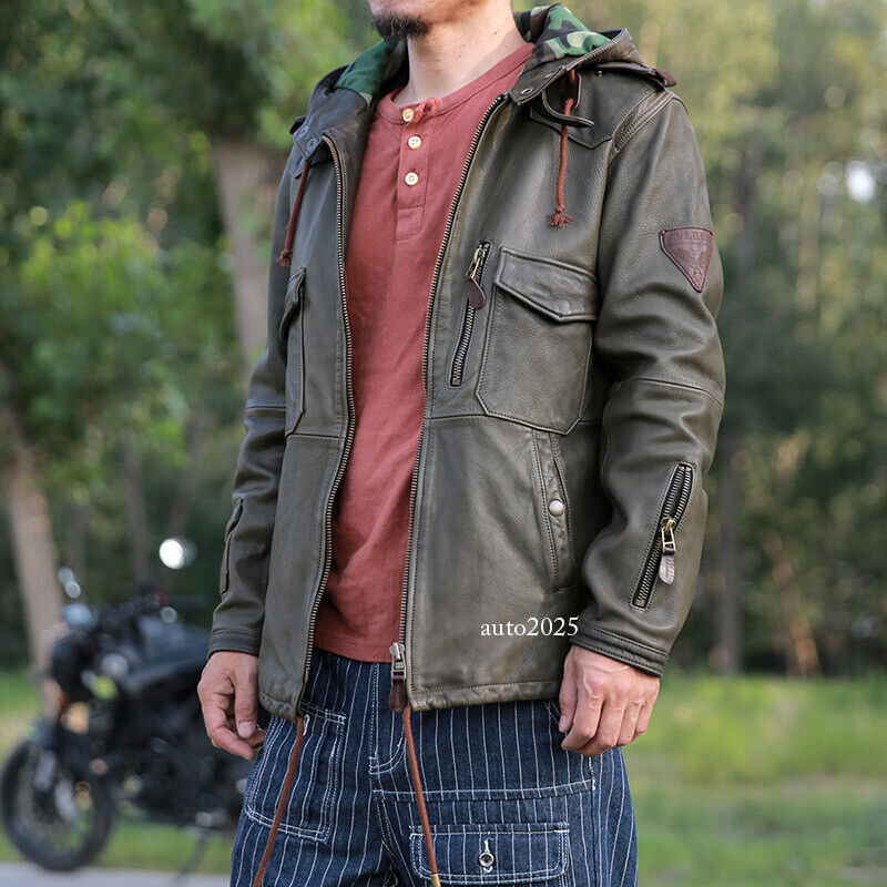 Hooded Hunting Suit Genuine Leather Suit Mens Military Green Goat Leather Jacket 7