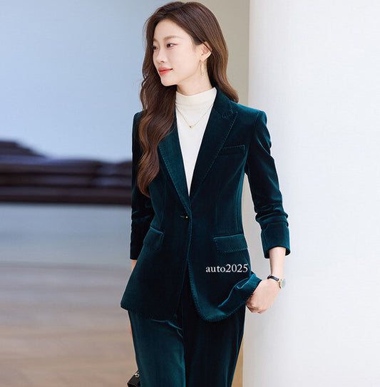 Womens Suits Belt Slim Fit Coat Velvet Party Prom Leisure 2pcs Jacket Top Pants 1